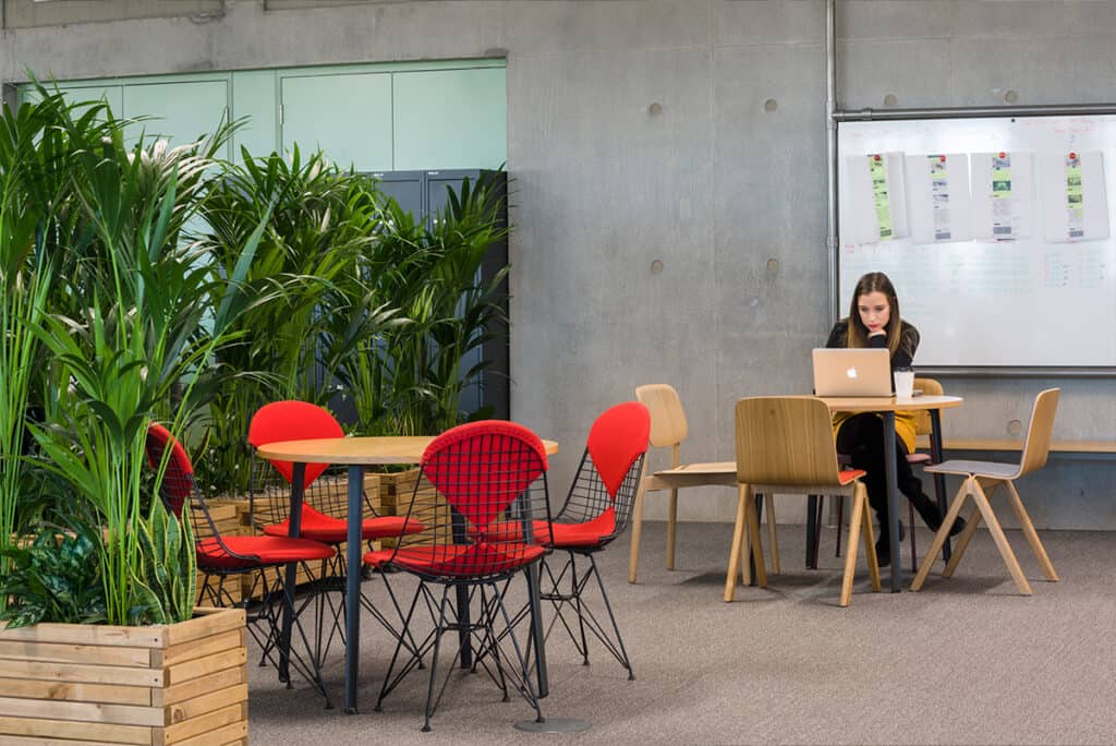 _8 Refurbished office breakout area featuring red wireframe chairs around circular wooden tables, mixed seating styles, and lush green planters. A person working on a laptop adds a dynamic touch, while a wall-mounted whiteboard with charts enhances the collaborative, modern workspace design.