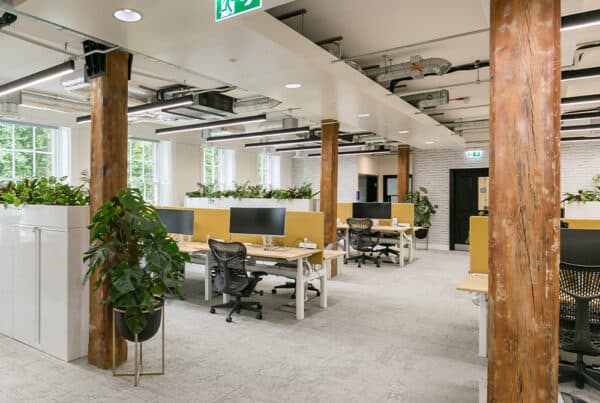 CAT B refurbished modern office space featuring multiple workstations with computer monitors, chairs, and desks. The room includes wooden pillars, large windows that let in natural light, and various plants for decoration. The ceiling showcases exposed ductwork and industrial-style lighting fixtures.