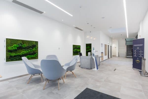 Refurbished office lobby featuring a clean, spacious layout with light grey tiled flooring, moss-inspired green wall art, and modern furniture. The fit-out includes a sleek reception desk, pendant lighting, and a staircase leading to an upper level, blending biophilic design with contemporary finishes.