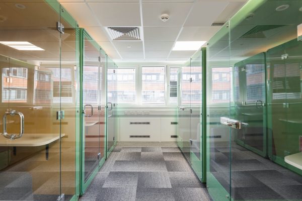 1-34 A modern office space featuring several glass meeting rooms with green-tinted panels. Bright natural light floods in through large windows, illuminating the minimalist design. The flooring is a combination of carpet tiles, and sleek, contemporary furnishings are visible in the background.