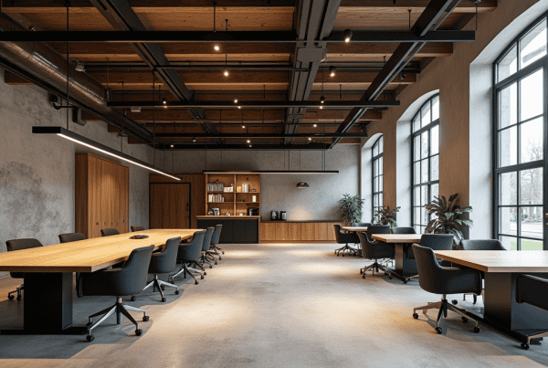A modern office space with large windows, wooden ceiling beams, and industrial-style lighting. Wooden tables with black office chairs are arranged throughout, and a kitchenette with shelves and a coffee machine is visible in the background. Potted plants are placed near the windows.