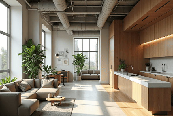 A modern, open-concept living space with large windows, featuring a kitchen with wooden cabinets and a white countertop, a living room with beige sofas and green plants, and a dining area with a wooden table and chairs. Framed pictures decorate the walls.