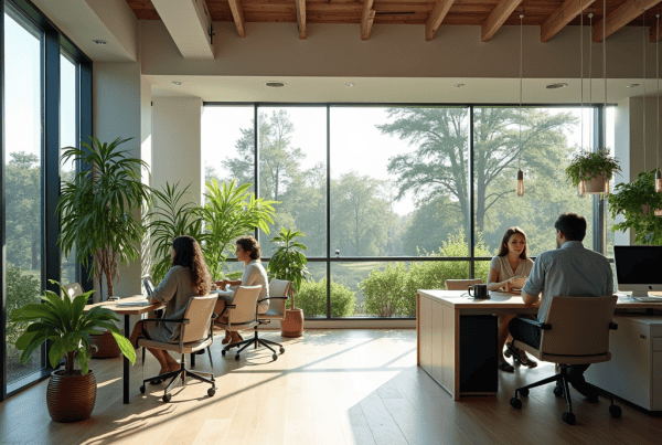 A modern office space with large windows overlooking lush greenery. Four individuals are working at desks, surrounded by numerous potted plants. Natural light fills the room, complemented by ceiling lights, creating a bright and serene atmosphere.