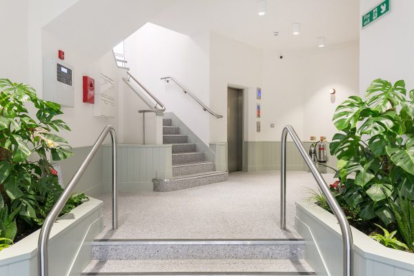 Indoor space with a staircase leading to an upper floor, flanked by handrails and two large green plants. To the right of the stairs is an elevator with control buttons and indicators. The left wall features a fire alarm system and a red fire extinguisher. The area has white walls, light-colored flooring, and is brightly lit.