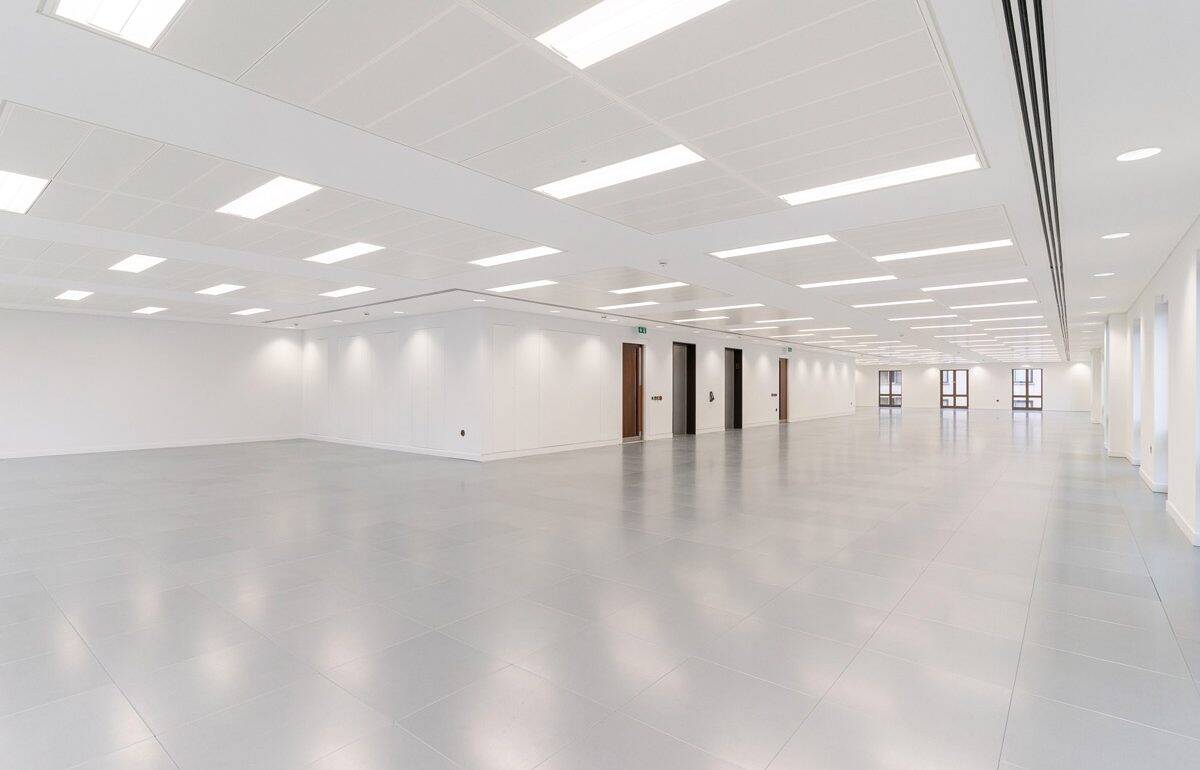 Large refurbished workspace featuring modern ceiling panels, upgraded LED lighting, newly installed flooring, and enhanced window detailing.