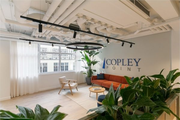 Bright and modern reception space featuring new timber flooring, soft seating, large plants, and overhead feature lighting installed as part of the office refurbishment.