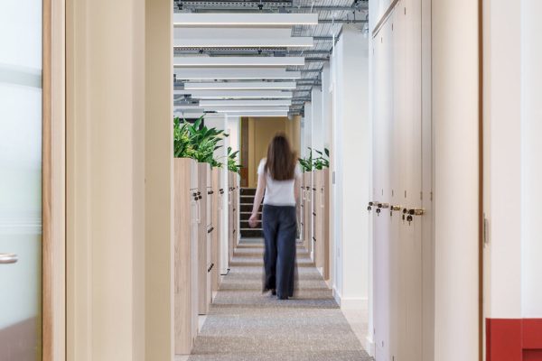 CAT B corridor fit out with locker storage, integrated planting and exposed ceiling services, showcasing a modern office layout.
