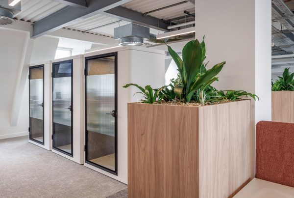 CAT B office layout with focus booths, planter joinery and open-plan desking under exposed services.