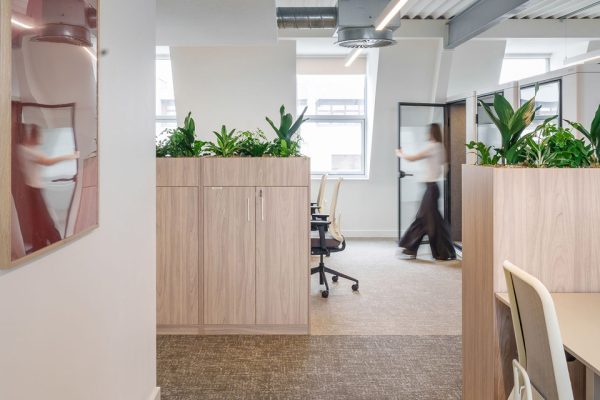 Circulation space within CAT B fit out showing transition between workstations and collaboration areas with integrated joinery.