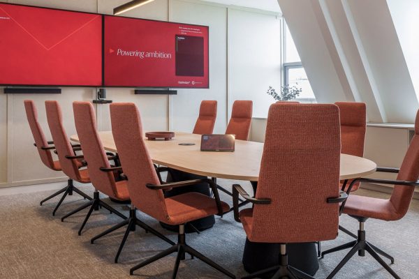 CAT B boardroom fit out with oval meeting table, upholstered task chairs and dual display screens for modern workplace collaboration.